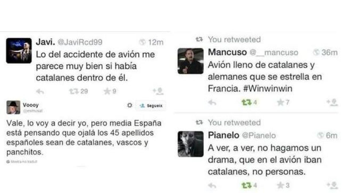 Algunos ejemplos de tuits catalanófobos tras la tragedia de Germanwings.-