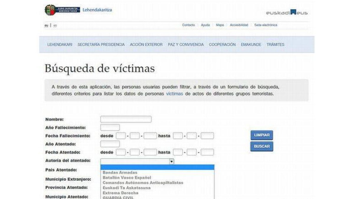 Captura de la web de la Lendekaritza en la que aparece el listado de