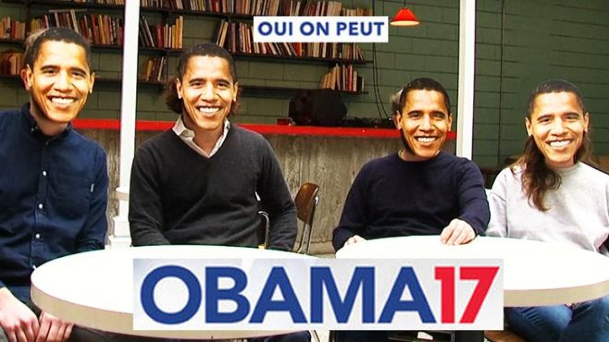 Cuatro activistas que sueñan con tener a Barack Obama como presidente de la República lucen caretas con el rostro del antiguo inquilino de la Casa Blanca.-