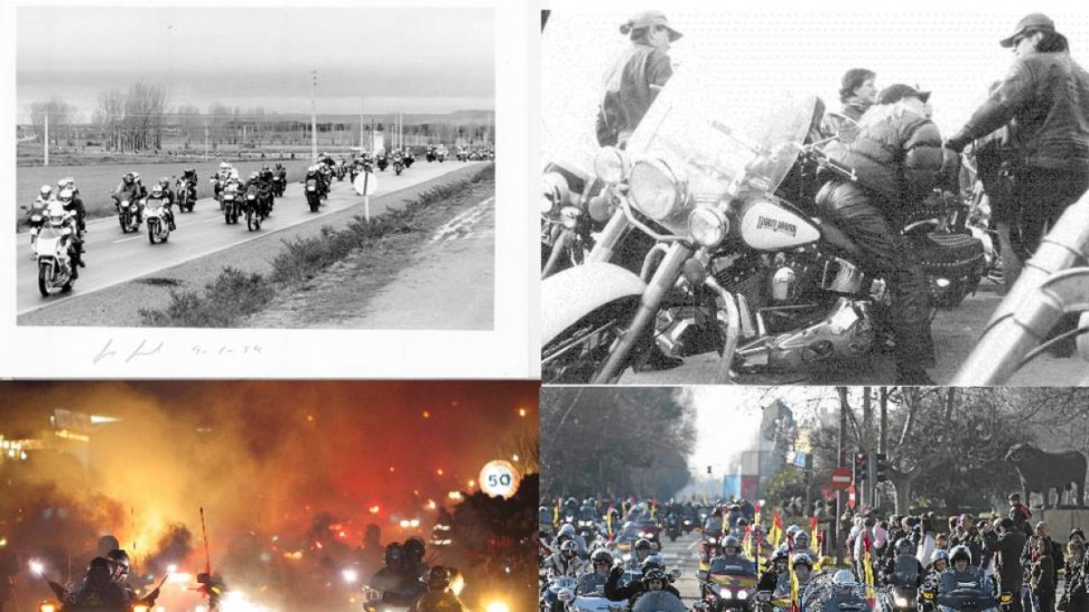 Arriba izq: Pingüinos en Tordesillas en 1995, arriba dcha: un grupo de moteros intercambia confidencias en 1996, abajo izq: desfile de las antorchas en la 25ª edición de Pingüinos en 2006 y abajo dcha: desfile de banderas en 2014.-EL MUNDO / PHOTOGENIC