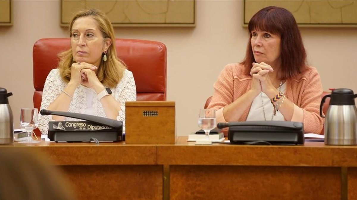 La presidenta del Congreso de los Diputados, Ana Pastor, y la vicepresidenta segunda, Micaela Navarro, en la reunión de la Diputación Permanente. /-JOSE LUIS ROCA