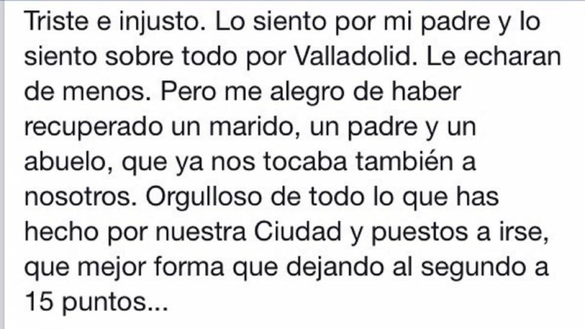 Uno de los hijos de JavierLeón de la Riva despide en las redes sociales la etapa de su padre al frente de la Alcaldía alabando su gestión y alegrándose de recuperar el tiempo para pasar con él. Señalando que aunque el Ayuntamiento pierda un alcalde, su f-