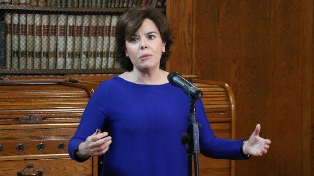 Sáenz de Santamaría, este martes, en la sede de Foment del Treball.-ÀLEX RECOLONS (ACN)