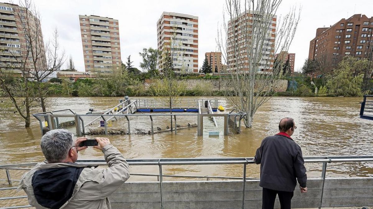 Dos hombres observan el caudal del Pisuerga a su paso por las Moreras.-MIGUEL ÁNGEL SANTOS