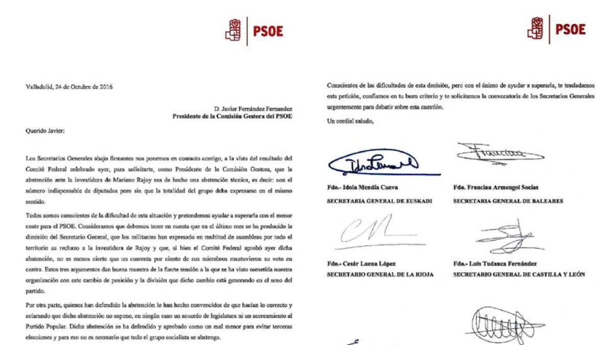 Carta remitida por Luis Tudanca desde Valladolid a la gestora, con las firmas de los barones que lideran la abstención técnica.-E. M.