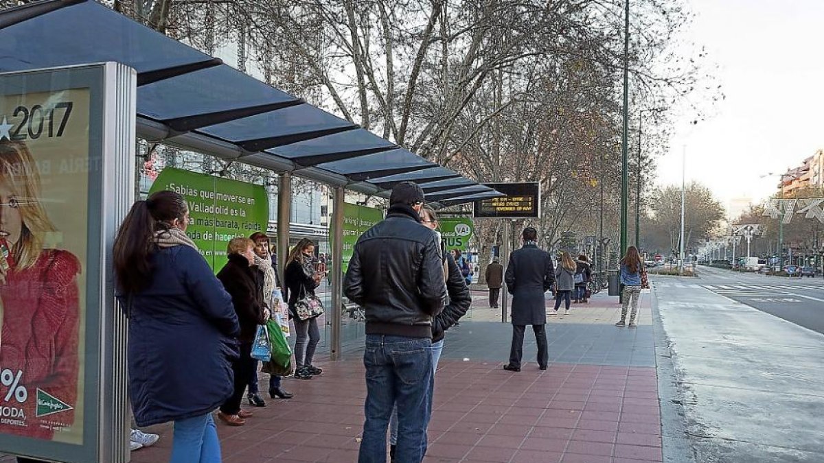 Varias personas esperan al bus en una parada de la ciudad.-MIGUEL ÁNGEL SANTOS