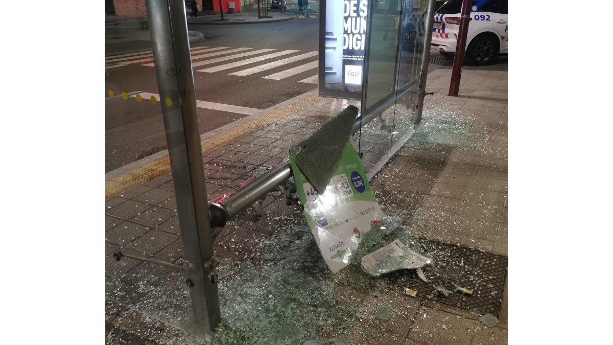 Marquesina de una parada de autobús rota a pedradas en la calle Cigüeña - POLICIA MUNICIPAL