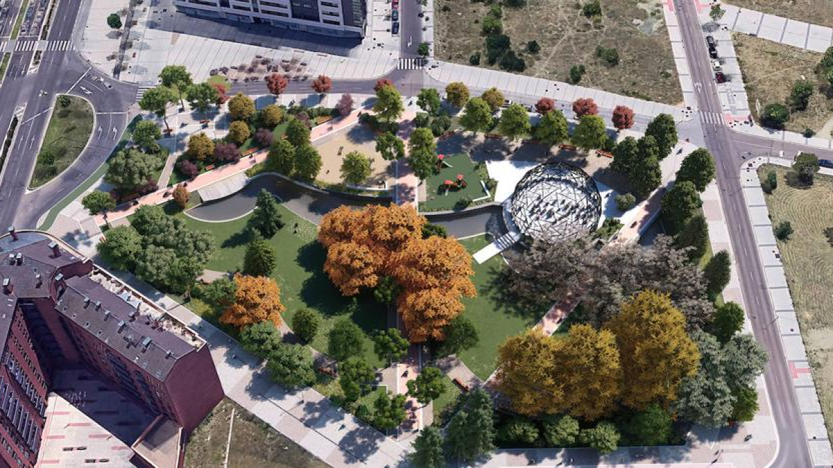 Reproducción de una imagen de la plaza de la Ciudad de la Comunicación, con la cúpula pendiente arriba a la derecha