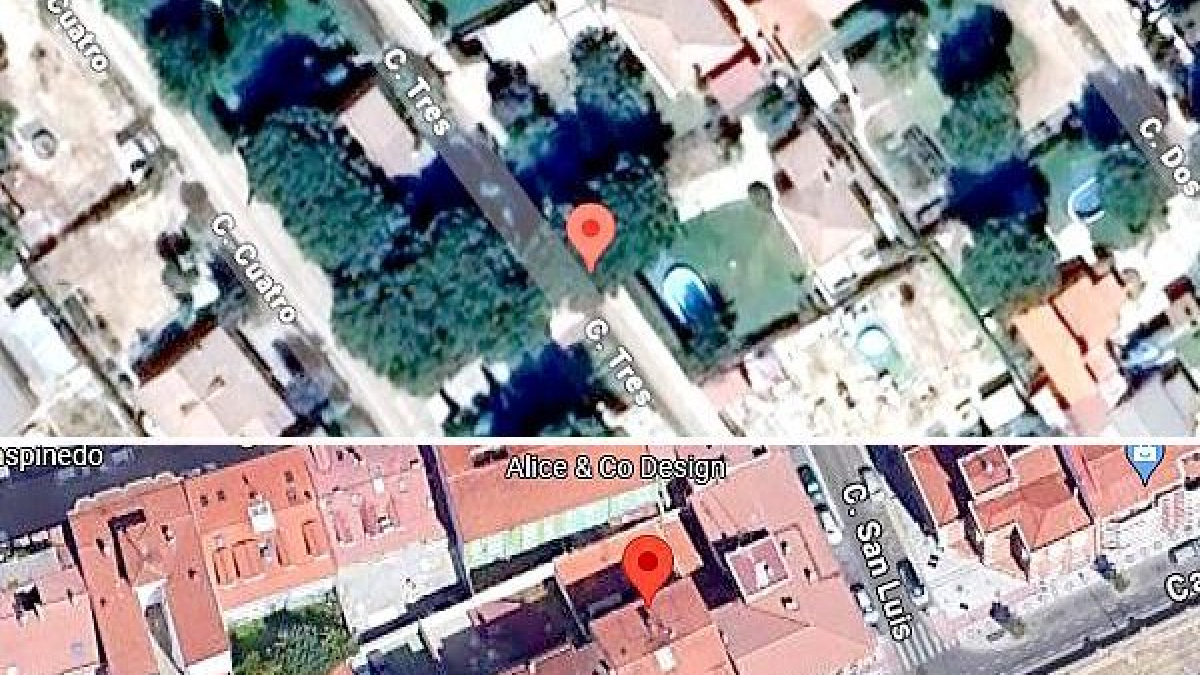 Posicionamientos del móvil de Esther López el 13 de enero de 2022 según el informe pericial. Arriba entre las 3,26 y las 3,36 horas, en la calle Tres de Traspinedo. Abajo, a las 8,49 horas, en la Calle Estación de Valladolid. E. M.