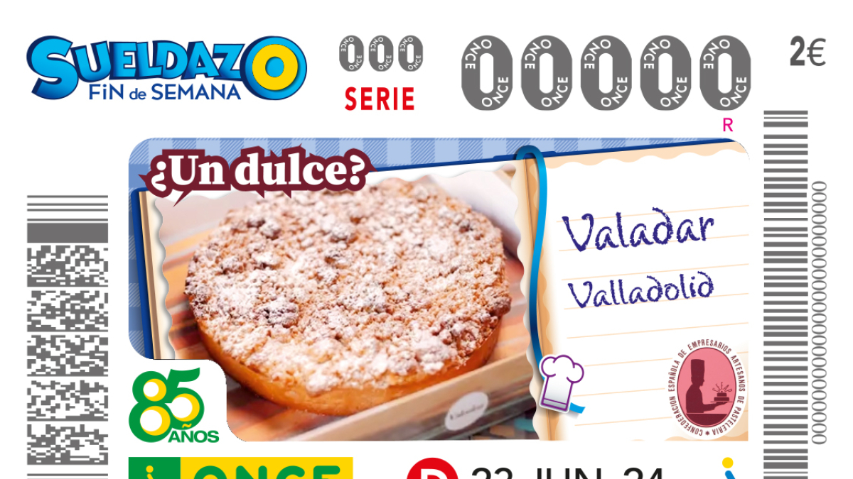 Cupón de la ONCE dedicado al Valadar, dulce típico de Valladolid.