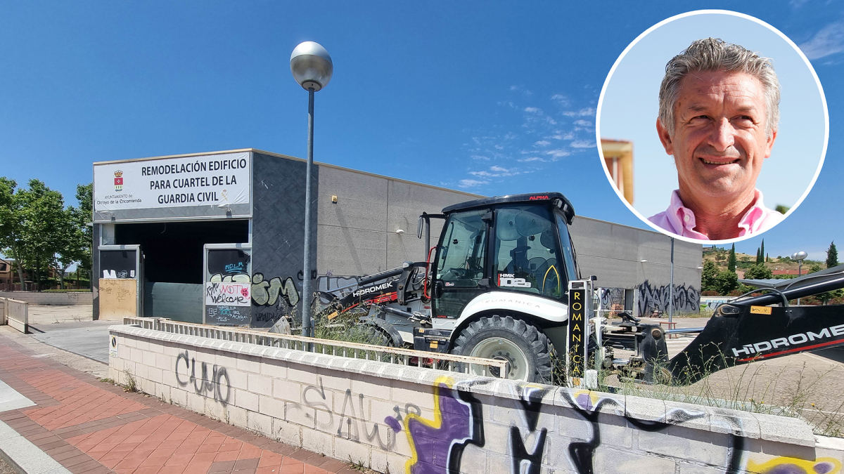 Obras del nuevo cuartel de Arroyo, en la foto pequeña, el alcalde Sarbelio Fernández.