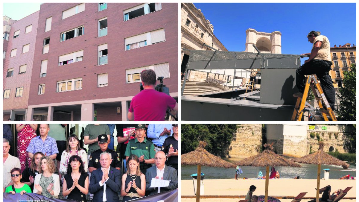 Edificio donde encontraron al cadáver de la mujer, montaje de las casetas, minuto de silencio por el asesinato machista y el lavado de cara de la playa de Moreras