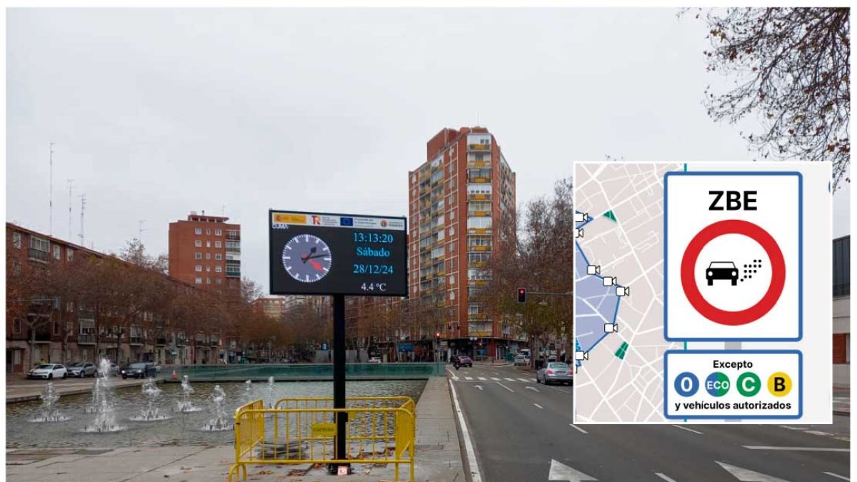 Pantalla informativa en el paseo de Zorrilla y una señal de la ZBE.