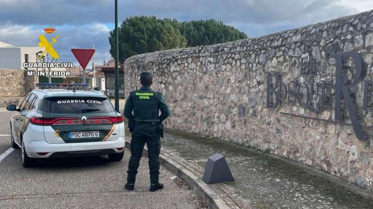 Un agente a la entrada de la urbanización Bosque Real de Laguna de Duero.