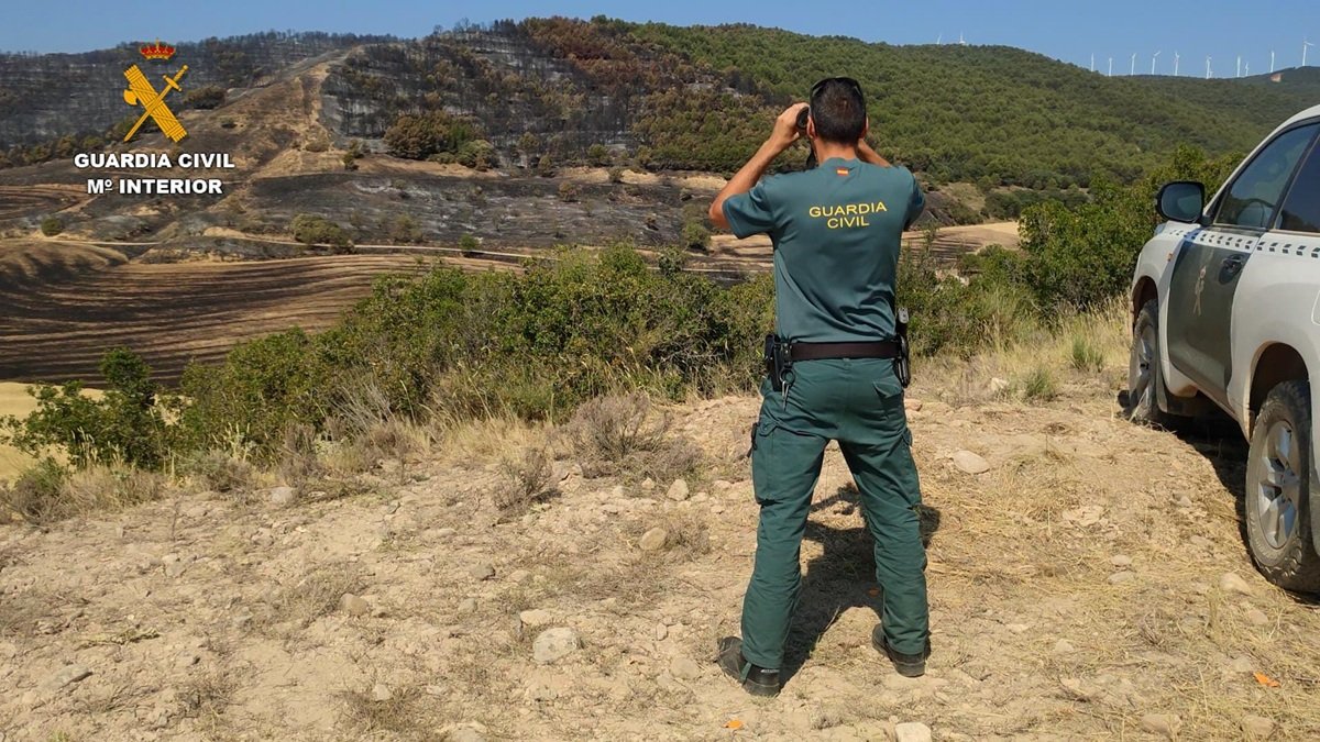 Un agente observa la superficie quemada en un incendio.