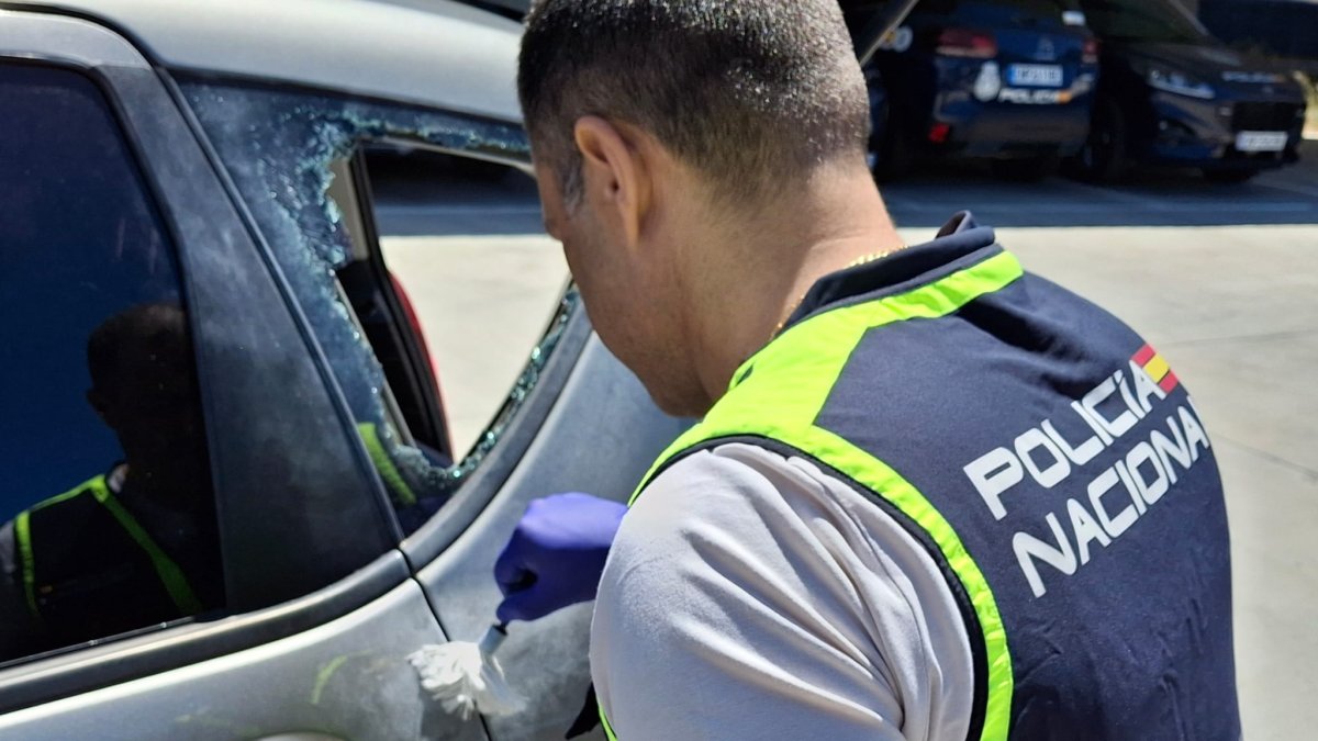 Un agente de la Policía Nacional junto a uno de los vehículos