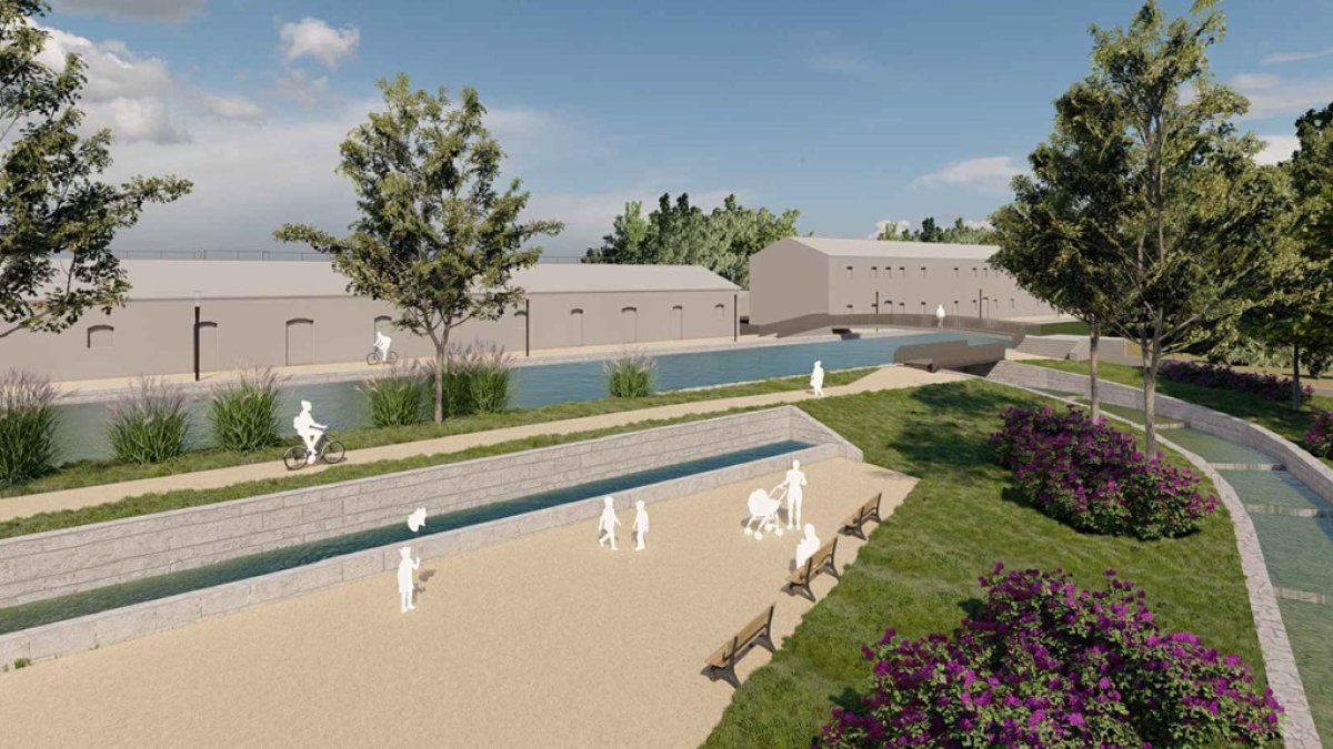 Recreación de cómo se va a recuperar la margen izquierda del Canal de Castilla para conectarlo con La Victoria tras derribar el muro de Manuel López.