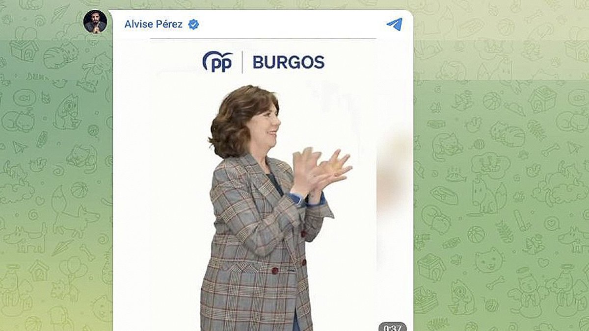 Fotograma del vídeo del PP de Burgos que Alvise ha 'troleado' y hecho viral. En la imagen, la cabeza de lista del PP en Burgos se dispone a recoger una nuez.