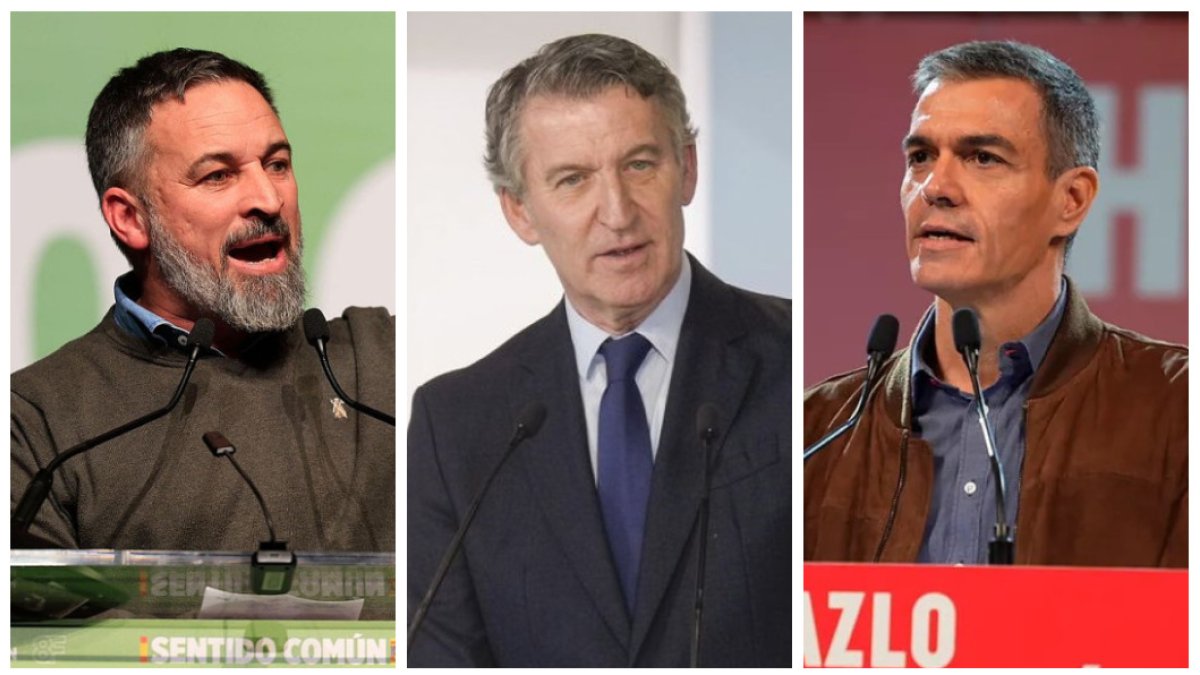 Santiago Abascal (VOX), Alberto Núñez-Feijóo (PP) y Pedro Sánchez (PSOE), en un montaje con imágenes de archivo