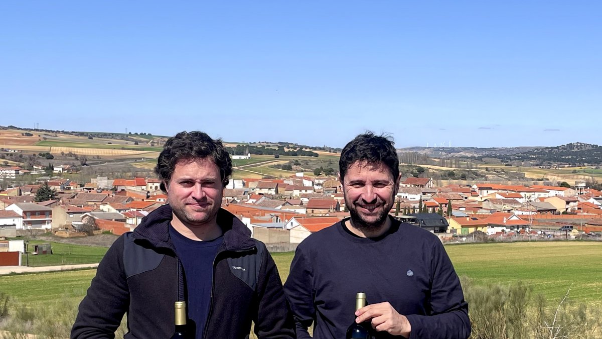 Ramón y José Ramos, con sus dos últimos vinos, frente a una panorámica de su pueblo, Venialbo.