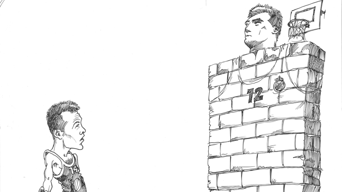 Imagen de archivo de una ilustración en El Mundo de Valladolid de Oscar Schmidt ante Sabonis en la previa de un Fórum- Real Madrid. /