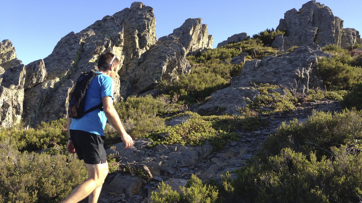Un montañero alcanza lo alto del Cerro Gordo, por encima de Riofrío de Riaza.