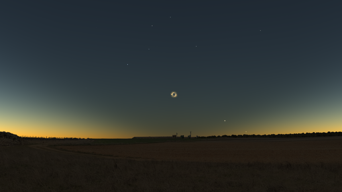 Simulación de como se verá el eclipse total de sol desde el pueblo vallisoletano Piñel de Abajo