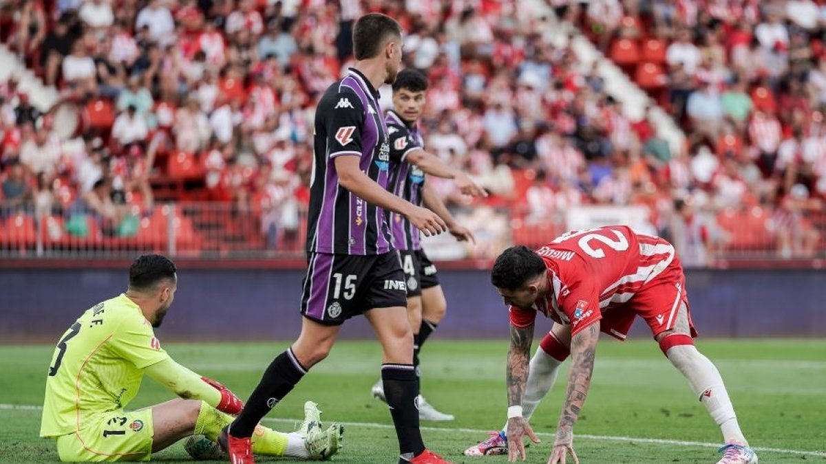 Guilherme permanece sentado sobre el césped tras el remate de Miguel, vallisoletano del Almería, mientras Torres habla con Tomeo.