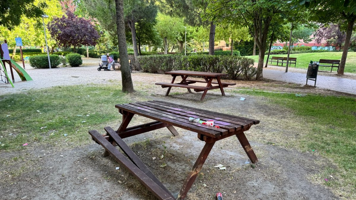 Mesas de picnic rotas y bancos dañados o caídos son algunos desperfectos en los Jardines de la Campa de Valladolid.