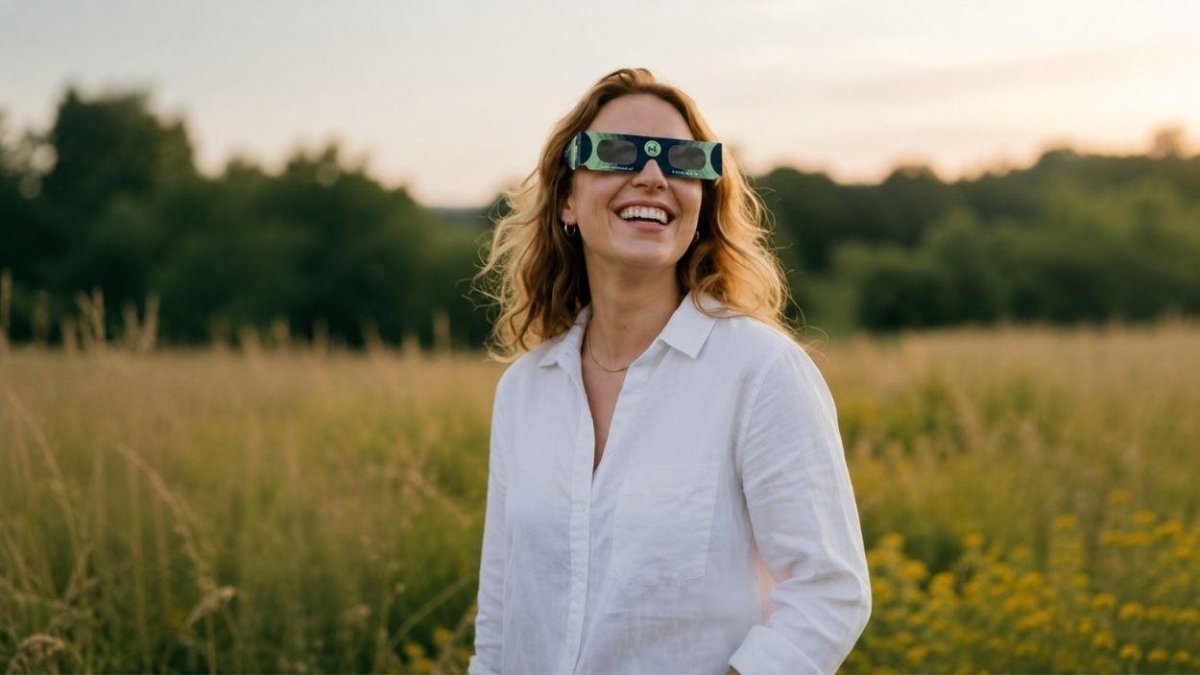 Una mujer utiliza las gafas homologadas para ver el eclipse.