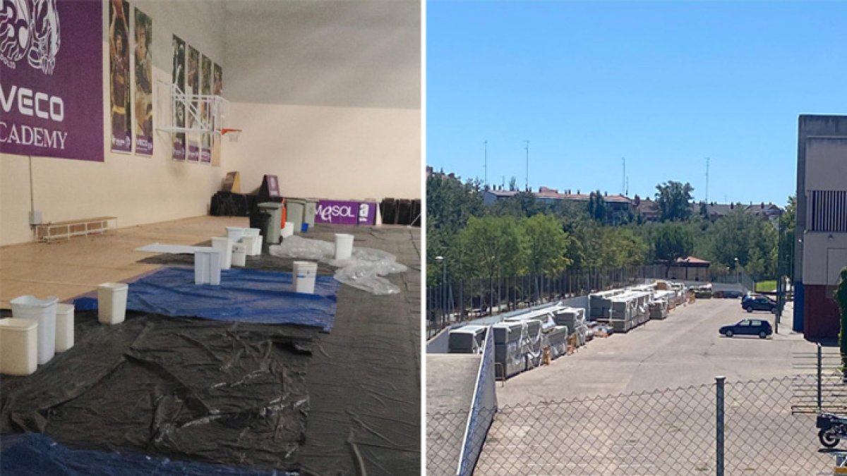 Vista parcial del estado del frontón y placas del proyeco inicial 'aparcadas' en el parking de Pisuerga.