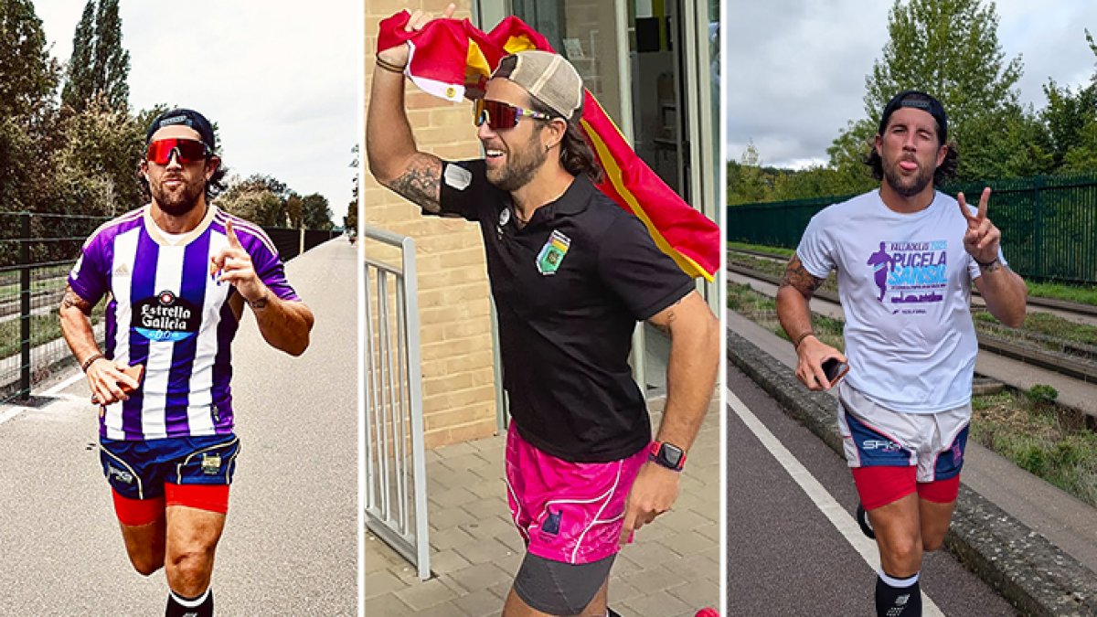 Alberto lucas Miguel corriendo tres de las 32 media maratones en Cambridge.