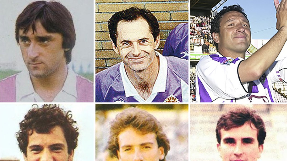 Fotomontaje de los seis canteranos titulares en la campaña 85-86: Jorge, Minguela, Eusebio, Gail, Juan Carlos y Torrecilla.