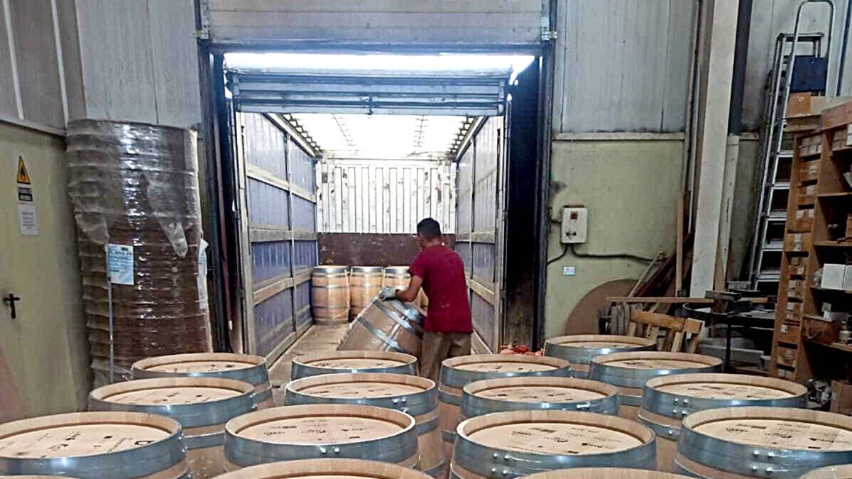 Un operario introduce en un contenedor de transporte las primeras barricas clasificadas con OTR