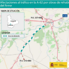 Mapa de la afección al tráfico por las obras de la A-62