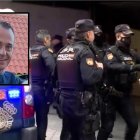 Familiares de Paloma e India protestan en el juzgado en una declaración del acusado, con una imagen de David Maroto, el asesino confeso, arriba la izquierda