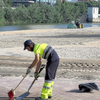 Un trabajador del Servicio de Limpieza en la playa de Las Moreras, imagen de archivo.- E.M.