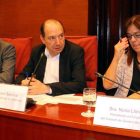 Los directores de Catalunya Ràdio, Saül Gordillo, y de TV-3, Vicent Sanchis, y la presidenta de la CCMA, Núria Llorach, en el Parlament.-ACN