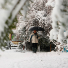 Un viandante camina sobre la intensa nevada caída en la localidad de Toreno (León)-Ical
