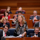 La consejera de Economía y Hacienda, Pilar del Olmo, durante su intervención en el Pleno de las Cortes de Castilla y León.-ICAL