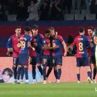 Jugadores del FC Barcelona celebran su gol ante el Mallorca.