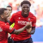 Boyomo festeja el gol marcado el día de su debut con Osasuna.