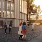 Recreación exterior del nuevo edificio, con las futuras ampliaciones al fondo.