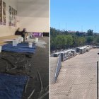 Vista parcial del estado del frontón y placas del proyeco inicial 'aparcadas' en el parking de Pisuerga.