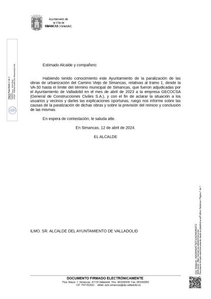 Carta del alcalde de Simancas a Carnero pidiendo explicaciones por la paralización del carril bici del Camino Viejo