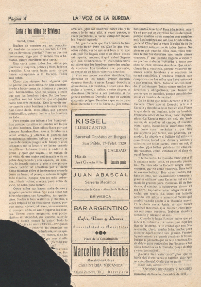 'Carta a los niños de Briviesca',  artículo de Antonio Benaiges, 'El maestro que prometió el mar', publicado en el periódico 'La Voz de la Bureba'.