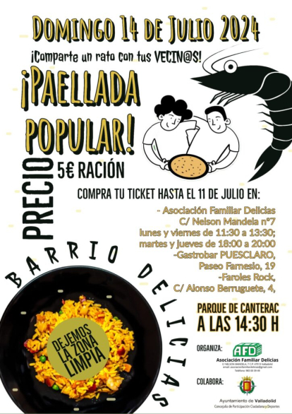 Cartel de la paellada popular en las Delicias este domingo.