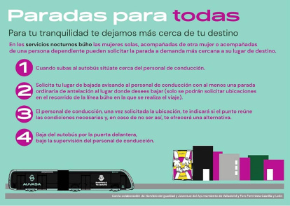 Cartel que instalará Auvasa en las paradas de las líneas Búho y en el interior de los autobuses. E. M.