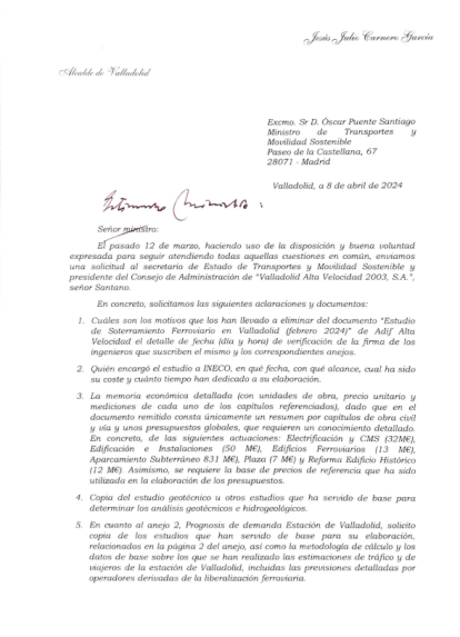 Carta enviada por el alcalde al ministro de Transportes.