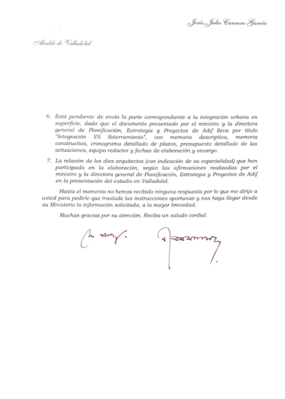 Carta enviada por el alcalde al ministro de Transportes.